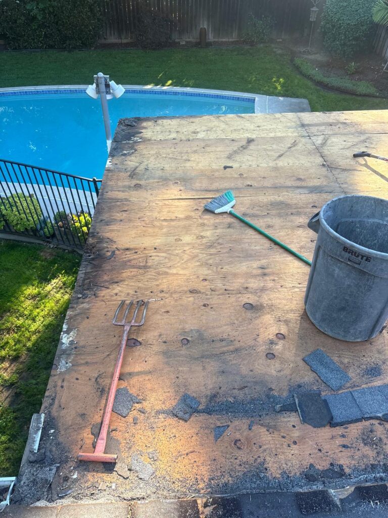 Exposed residential roof deck prepared for new roofing